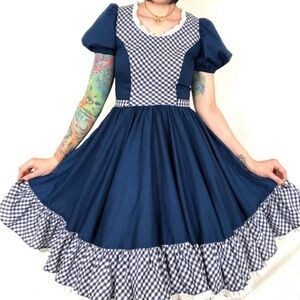 Vintage 1970s Navy Gingham Puff Sleeve Fit-and-Flare Square dance Dress